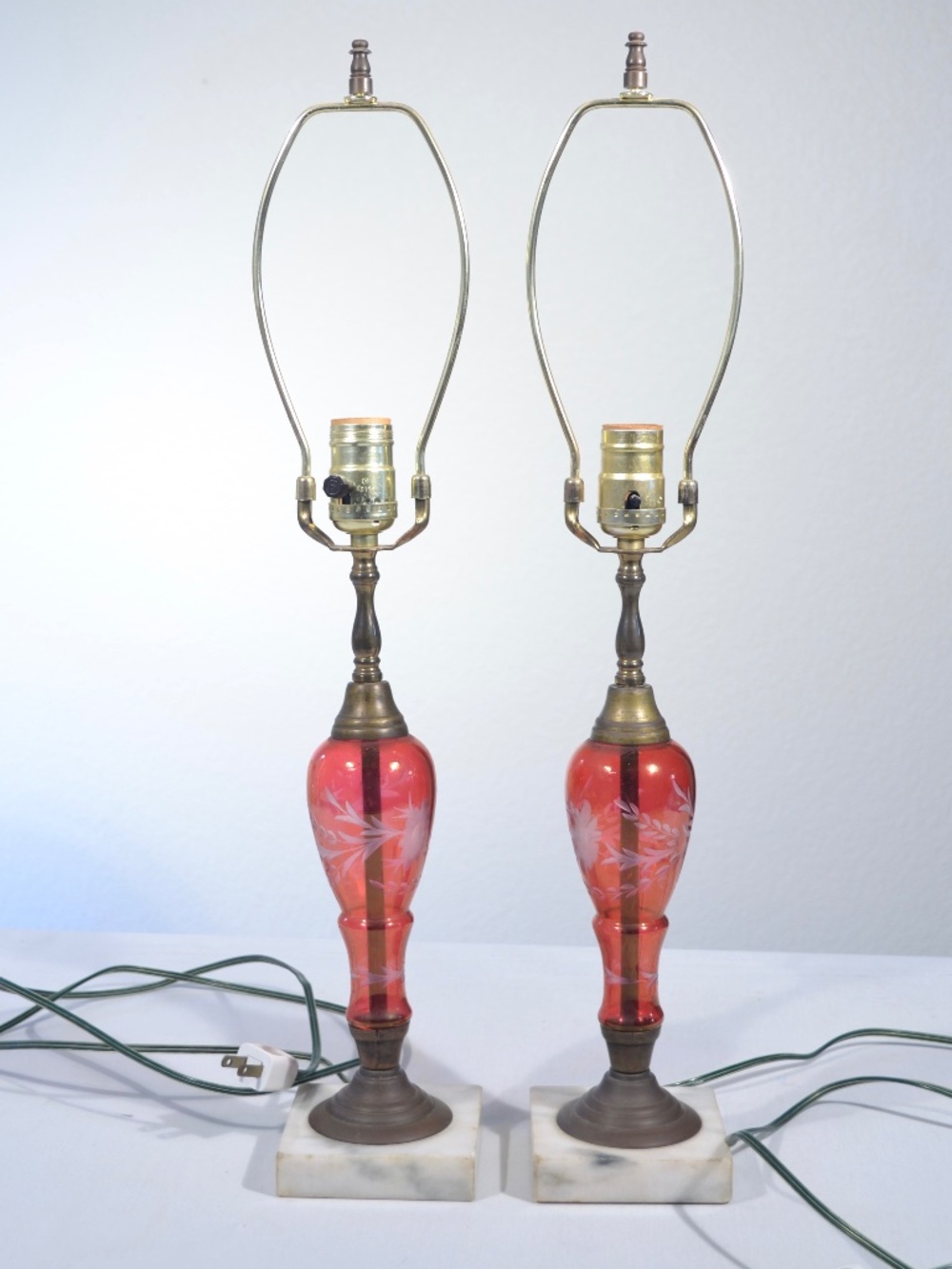 VINTAGE ETCHED CRANBERRY GLASS LAMPS, SET OF 2